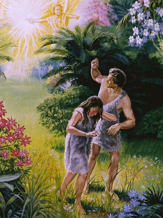 Section of a painting by Harry Anderson depicting Adam and Eve being banished from the Garden of Eden. The first humans, now clothed, appear downcast as they turn away in shame from a golden angel wielding a fiery glowing sword who points them away from the entrance to the garden.